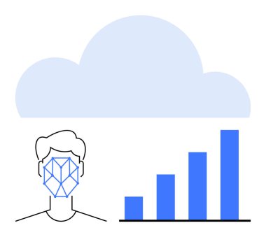 Bulut ve çubuk grafiğine bağlı geometrik desenli yüz tanıma. Yapay zeka, güvenlik, bulut depolama, veri analizleri, biyometrik tanımlama, yenilik ve teknolojik gelişim için ideal