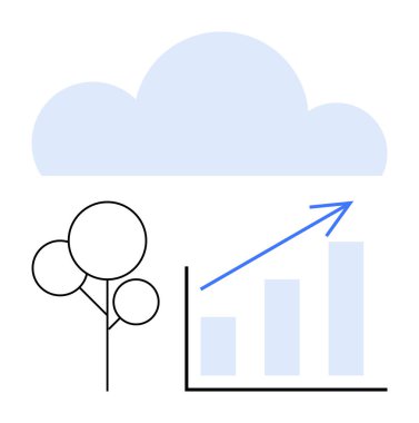 Yukarı doğru ok olan çubuk grafik büyüme eğilimlerini temsil ediyor. Bulut veri depolama anlamına gelir, ağaç çevresel sürdürülebilirliği gösterir. İş, çevre, veri, büyüme, sürdürülebilirlik için ideal