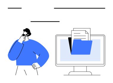 Dosyayı belgelerle gösteren monitörün yanında düşünen bir adam. Veri yönetimi, organizasyon, karar verme, teknik kılavuz, dijital çalışma alanı, dosya depolama, düz basit metafor