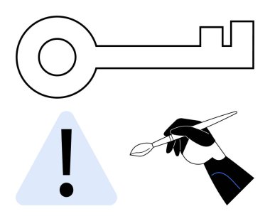 Büyük anahtar, ünlem işaretli üçgen ve el fırçası yaratıcılığı, potansiyeli ve problem çözmeyi simgeliyor. Yenilik, güvenlik, yaratıcılık ve ihtiyatlı çözüm sanatı için ideal