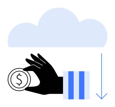 El ele tutuşan bozuk para bulutun altında aşağı doğru ok ile. Finans, bulut depolama, maliyet azaltma, çevrimiçi hizmetler, tasarruflar, veri yönetimi, ekonomik strateji için ideal. Düz basit metafor