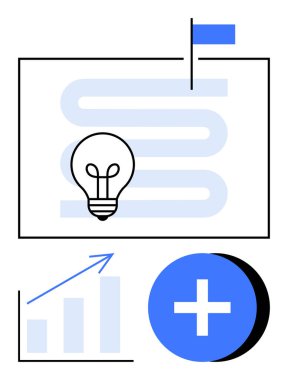 Mavi bayraklı zigzag yolu üzerinde ampul, çizelgede yukarı doğru ok ve mavi artı işareti. Strateji, yenilik, başarı, ilerleme, planlama, hedef belirleme için ideal düz takım çalışması