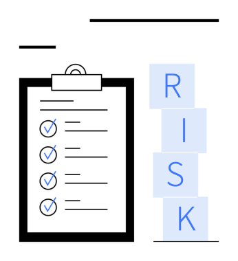 RISK yazım engellerinin yanında işaretli kontrol listesi olan pano. Risk yönetimi, iş planlaması, strateji, uyum, karar verme, organizasyon, soyut çizgi düz metafor için ideal