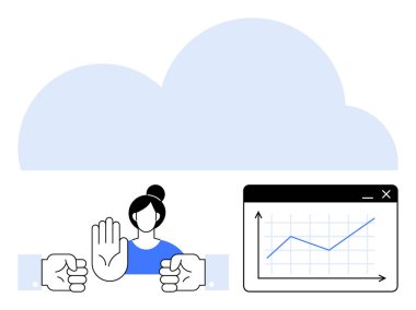 Bir kadın bulutun altındaki iki yumruğu durdurmak için elini kaldırıyor. Pencere yukarı doğru eğilimi gösteriyor. Takım çalışması, işbirliği, müzakere, iş büyümesi, çatışma çözümü, üretkenlik için ideal