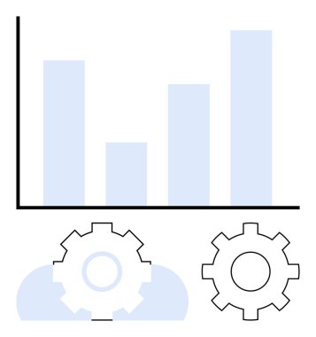 Analiz ve iş akışı optimizasyonunun entegrasyonunu gösteren iki vites üzerindeki mavi çizelge. Veri, takım çalışması, teknoloji, üretkenlik, strateji, ilerleme ve planlama için ideal. Düz basit