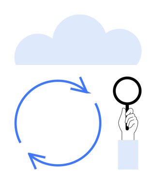 Yuvarlak veri işlemini temsil eden okları geri dönüşüm için bulut, analiz için büyüteç. Veri yönetimi, araştırma, bulut hesaplama, sürdürülebilirlik ve süreç için ideal