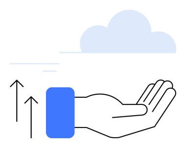 Eller yukarı, oklar yukarı, bulutlar yukarı. İlerleme, destek, büyüme, sürdürülebilirlik, yenilik, teknoloji ve fırsatları temsil eder. İş teknolojisi için ideal