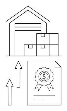 Depo binası, istiflenmiş kutular, yukarı çıkan oklar ve üzerinde dolar işareti olan sertifika finansal büyüme ve lojistik ilerlemeyi gösteriyor. Ticaret, denizcilik, gelir, başarı ve yatırım için ideal