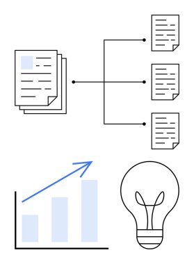 Yapılandırılmış veri akışına bağlı yığılmış belgeler, yukarı doğru ok ve yeniliği sembolize eden ampul çizelgesi. Çalışma akışı, üretkenlik, veri büyümesi, strateji ve planlama için ideal