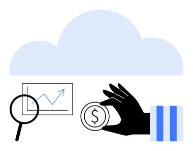 El ele tutuşan bozuk para, yukarı bakan grafiğin yanında büyüteç ve finansal büyümeyi, birikimleri, veri depolamayı temsil eden bulut. Finans, bulut hesaplama, analiz, yatırım ekonomisi teknolojisi için ideal