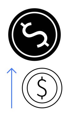 Yuvarlak siyah sikke, katı okun yanında dolar işareti olan yukarı bakan, finansal büyümeyi, yatırımı ve başarıyı simgeleyen bir işaret. İş, ekonomi, yatırım, kâr, finans, bankacılık dairesi için ideal