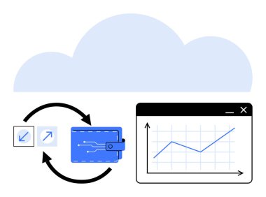 Bulutların altındaki elementler arasında veri alışverişi yapan dijital cüzdan, büyüyen bir finansal tabloyla eşleştirilmiş. Fintech, veri transferi, çevrimiçi ödeme, analitik, bulut teknolojisi, dijital finans için ideal