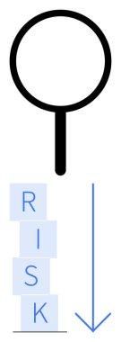 Yığılmış blokları inceleyen büyüteç RISK 'i aşağıya doğru okla yazarak küçülmeyi sembolize ediyor. İş analizi, risk yönetimi, karar verme, sorun çözme, ekonomi, güvenlik için ideal