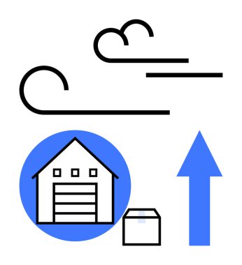 Patenli kapılı depo, uçan rüzgar hatları, paket ve yukarı doğru ok taşımacılığı, lojistik, nakliye, dağıtım, hava taşımacılığı ve büyüme. Tedarik zinciri için ideal basit