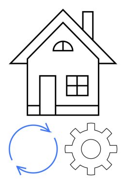 Yuvarlak oklar ve konseptleri temsil eden teçhizatlar ev otomasyonunu, enerji verimliliğini ve sistem entegrasyonunu onaylıyor. Teknoloji, sürdürülebilirlik, yenilik, konut için ideal