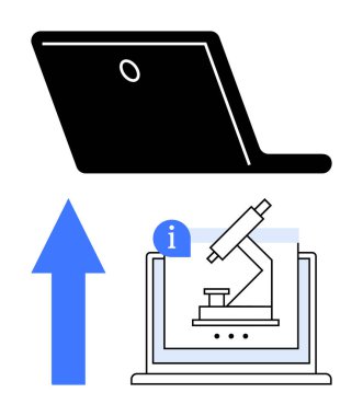 Ok ekranın üstündeki dizüstü bilgisayarı gösteriyor. Mikroskop ile bilgi balonunu gösteriyor. Bilim, araştırma, teknoloji, veri paylaşımı, yenilik, eğitim ve ilerleme için idealdir. Basit bir metafor.