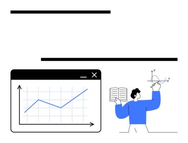 Ekrandaki büyüme grafiği açık bir kitapla matematiksel grafiği açıklayan biriyle eşleştirildi. Eğitim, analitik, strateji, araştırma, eğitim, istatistik ve planlama için ideal. Düz basit