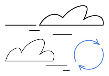 Hareket çizgileri ve dairesel okları olan bulutlar geri dönüşüm, sürdürülebilirlik ve veri döngüsünü akla getiriyor. Hava durumu, bulut depolama, ekoloji, teknoloji entegrasyonu ve çevre için ideal