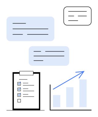 Tamamlanmış görevleri olan kontrol listesi, yükselen oklu büyüme tablosu, konuşma baloncukları. Üretkenlik, planlama, takım çalışması, iletişim, analiz organizasyonu iş stratejisi için idealdir. Düz basit