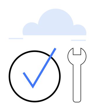 Açık mavi bulut, daire şeklinde kalın kontrol işareti, minimalist anahtar. Teknoloji, bulut çözümleri, ayarlar, güvenilirlik, araç bakım sistemi güncellemeleri için ideal. Düz basit metafor