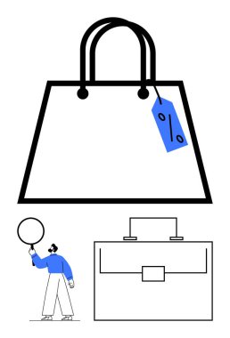 İndirimli etiketli büyük bir alışveriş çantası, bir iş çantası ve büyüteçli bir adam. Perakende, satış, e-ticaret, iş görüşleri, pazarlama, indirimler için ideal.