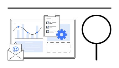 E- posta ve büyüteçle birlikte grafik, kontrol listesi ve teçhizatı görüntüle. Analiz, optimizasyon, iletişim, veri yönetimi, araştırma, strateji düz metaforu için ideal