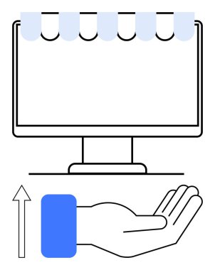 Bilgisayar ekranı, mağaza önü tepe örtüsü, yükselen bir el ve yukarı doğru ok çevrimiçi işleri, dijital ticareti ve büyüme fırsatlarını simgeliyor. İş, pazarlama, teknoloji ve destek için ideal