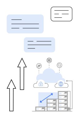 Veri sunucuları, yukarı doğru oklar ve güvenlik simgelerini içeren bulut hesaplama kurulumu. Teknoloji için ideal, bulut çözümleri, ağ oluşturma, veri yönetimi, siber güvenlik ölçekleme yeniliği. Düz basit
