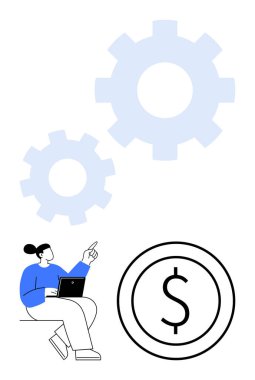 Dişlilere işaret ederken dizüstü bilgisayar kullanan bir kadın işlem yönetimini simgeliyor ve finansal hedefler için bir dolar para. Teknoloji, finans, danışmanlık, ekonomi, takım çalışması, yenilik, iş dünyası için ideal