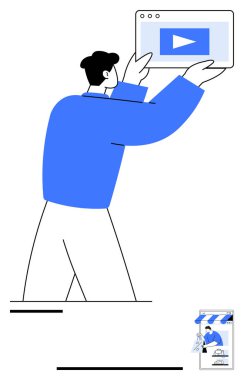 Bir ekranda dijital medya ve küçük çevrimiçi dükkan büyümesini sembolize eden bir çalma tuşu sunan kişi. Pazarlama, e-ticaret, içerik oluşturma, çevrimiçi eğitim, sosyal medya için ideal