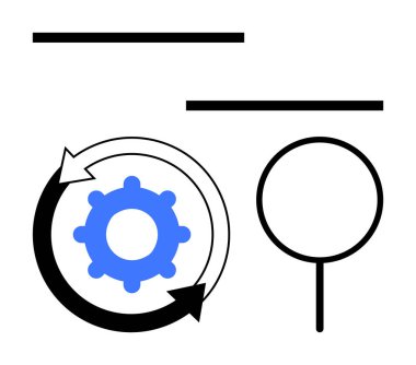 Dairesel oklarla, yatay çizgilerle ve büyüteç renklendirme değerlendirmesiyle donatılmış. Çalışma akışı, verimlilik, strateji, analiz, teknoloji, yönetim dairesi için ideal basit metafor