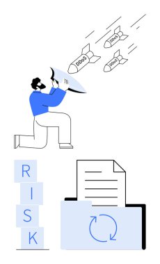 DDoS saldırılarına karşı kalkan kullanan kişi, düşen bir RISK blok yığını, belge ve kurtarma ikonu. Siber güvenlik, veri koruması, risk yönetimi, bilişim güvenliği ve kriz tepkisi için ideal