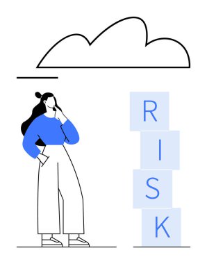 Mavi kazaklı bir kadın, basitleştirilmiş bir bulutun altında RISK bloklarını değerlendiriyor. Karar verme, strateji, risk analizi, iş sorunları, problem çözme, beyin fırtınası ve soyut konular için ideal