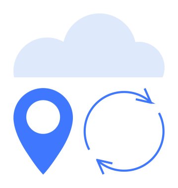 Bulut konumu pin ve dairesel oklar veri senkronizasyonunu, bulut deposunu, coğrafi konumu veya dijital hizmetleri temsil ediyor. Teknoloji, veri paylaşımı, konum hizmetleri ve bulut için ideal