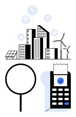 Rüzgar türbinleri, güneş panelleri, ödeme terminali, büyüteç, teknoloji ikonları olan şehir silueti. Sürdürülebilirlik için ideal, akıllı şehirler, yenilenebilir enerji, yenilikçi ekonomi teknolojisi gelecek