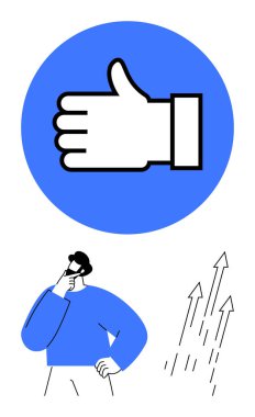 Mavi daireli büyük baş parmak, mavi kazaklı ve yukarı doğru oklu düşünceli adamın üstünde. Başarı, karar verme, kendini geliştirme, motivasyon, ilerleme, onay, kariyer büyümesi için idealdir. Düz basit