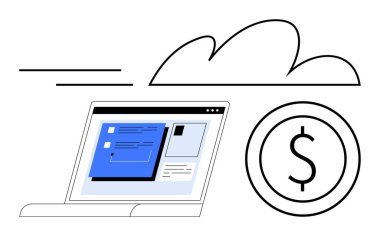 Bir dolar simgesi ve bulut ögesiyle içeriği gösteren dizüstü bilgisayar. İş için ideal, bulut depolama, dijital işlemler, e-ticaret, finansal araçlar, çevrimiçi çözümler, düz basit metafor