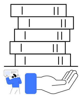 Yığılmış kitaplar bir elde dengelenmiş bilgi ve desteği sembolize eder, içgörü sunan bir insanla eşleştirilir. Eğitim, öğrenim, veri paylaşımı, takım çalışması, analiz, akıl hocalığı için ideal
