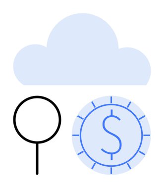 Büyüteç ve dolar paralarının üzerindeki bulut bulut depolama, veri arama ve çevrimiçi finansmanı temsil ediyor. Teknoloji için ideal, dijital ekonomi, bulut hesaplama, finansal analiz, çevrimiçi