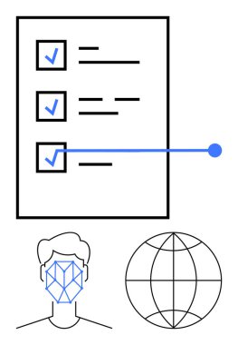 Kene ve bağlantı çizgisi olan kontrol listesi, geometrik yüz tanıma sistemi, dünya çizgisi. Siber güvenlik, biyometri, veri gizliliği, küresel bağlantı, teknolojik kimlik doğrulaması için ideal. Düz
