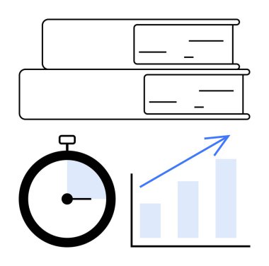 Yığılmış kitaplar, kronometre ve yükselen bar grafiği öğrenmeyi, zaman yönetimini ve ilerlemeyi sembolize ediyor. Eğitim, iş, planlama, amaç verimlilik büyümesini düz tutmak için idealdir