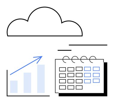 Büyüyen bir bar çizelgesinin üzerinde veri analizi, verimlilik ve organizasyonu simgeleyen ok ve takvim bulunan bir bulut silueti. Zamanlama, analiz, bulut hesaplama, planlama ve ilerleme için ideal