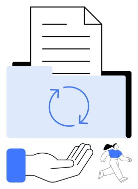 Dosya ve senkronizasyon okları olan dizin, desteği temsil eden el ve gelişmeyi sembolize eden yürüyen kişi. İşbirliği, dosya yönetimi, organizasyon, takım çalışması, ilerleme, destek için ideal