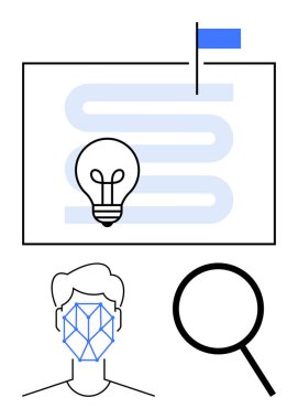 Bayrağa doğru zikzak çizen ampul, yüz tanıma suratı ve büyüteç. Yenilik için ideal, problem çözme, teknoloji, araştırma, strateji, hedef belirleme, keşif dairesi