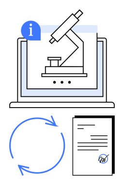 Bilgi simgesi, dairesel oklar ve imzalı belge içeren mikroskop ekranda. Yenilik, araştırma, eğitim, veri analizi, bağlantı, dijital süreç düz metafor için idealdir