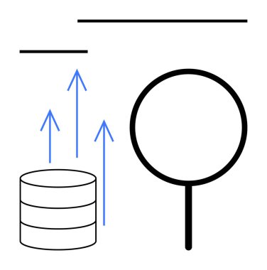 Veritabanı yığını yukarı doğru büyüyen oklar gösteriyor analiz için büyüteç. Veri yönetimi, analitik, büyüme stratejileri, iş zekası, araştırma, eğilimler, soyut daire için ideal
