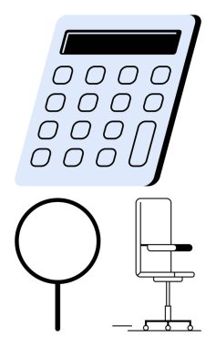 Sayısal tuş takımlı büyük hesap makinesi, stilize büyüteç ve ergonomik ofis koltuğu. Finans, analiz, verimlilik, işyeri verimliliği, ofis kurulumu, sorun çözme dairesi için ideal