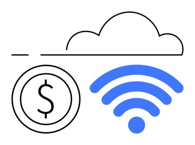 Kablosuz sinyal ve dijital ödemeyi, bulut depolamayı ve teknolojiyi tasvir eden dolar sikkesi ile bağlantılı bir bulut. Finans, teknoloji, bağlantı, bulut hesaplama, kablosuz ağlar için ideal