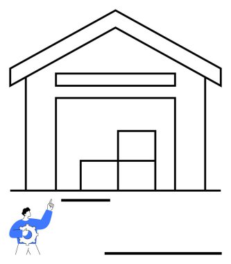 Üst üste istiflenmiş kutuları olan bir depo ve yönetimi, lojistiği ve depoyu sembolize eden bir işçi. Arz zinciri, organizasyon, verimlilik, işlemler, iş büyümesi için ideal