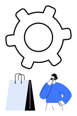 Gear çizim çözeltisi ya da sistem, alışveriş torbası tüketici etkinliğini sembolize ediyor, fikirleri temsil eden düşünceli adam. Yenilik, perakende, karar verme, üretkenlik, sistemler, pazarlama için ideal